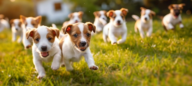 Cachorros alegre Jack Russell brincando na grama verde perto de casa aconchegante