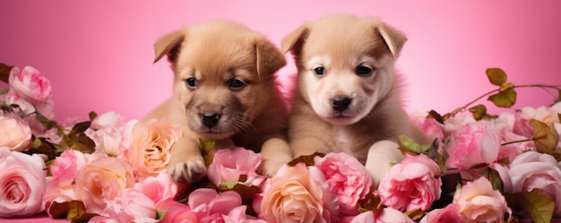 Cachorros bonitos em flores de primavera Um casal de dois cachorros apaixonados no Dia dos Namorados