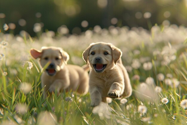 Cachorros brincalhões a brincar num campo