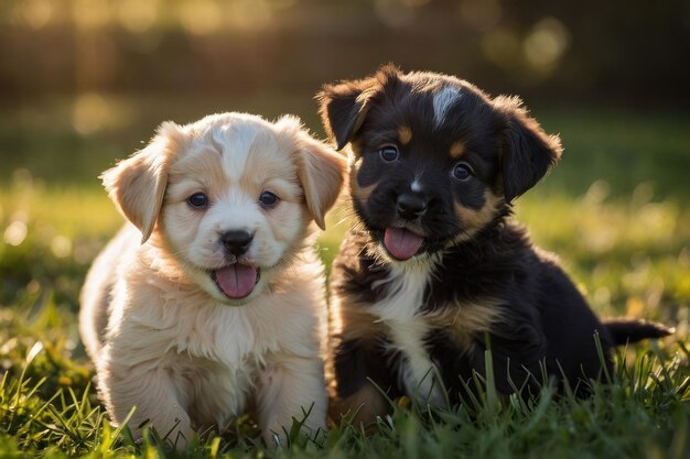 Cachorros brincalhões à luz do sol