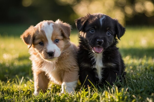 Cachorros brincalhões à luz do sol