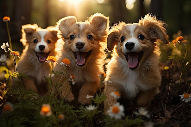 Foto cachorros brincalhões em grove encantados ao anoitecer generativo ia