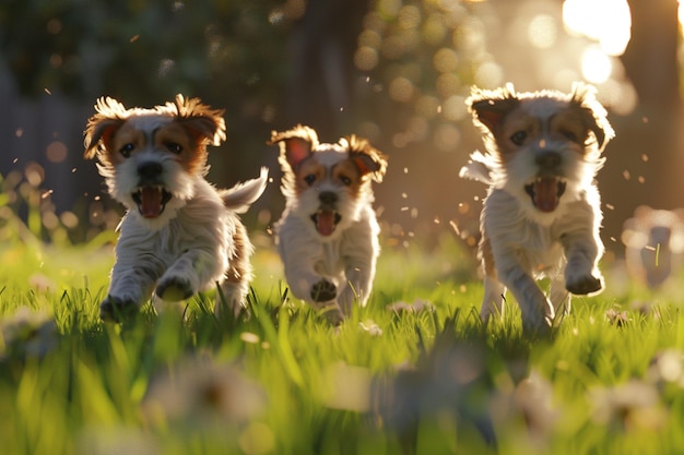 Foto cachorros brincalhões no parque.