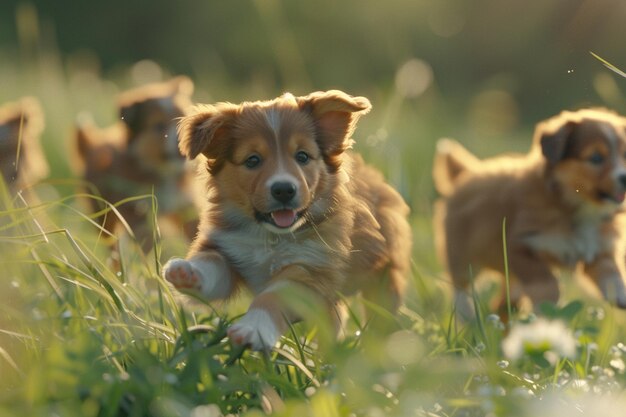 Cachorros brincalhões nos campos