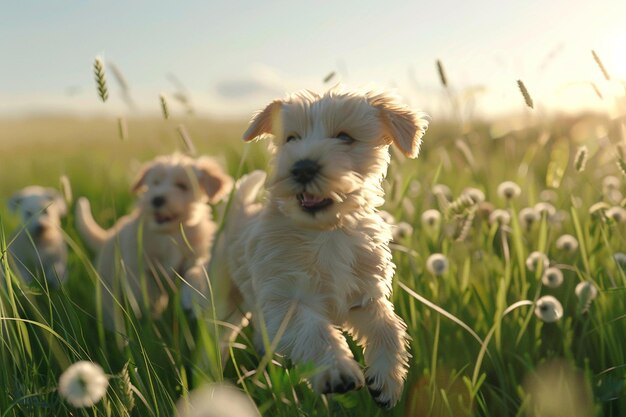 Cachorros brincalhões nos campos