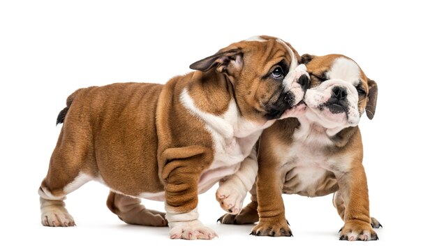 Cachorros de Bulldog caricias, aislado en blanco