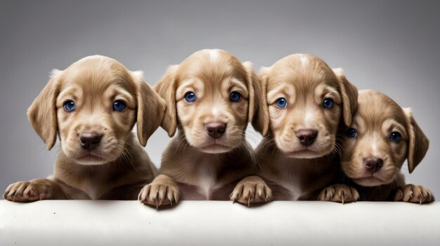 Cachorros de labrador dourado com olhos azuis sentados um ao lado do outro
