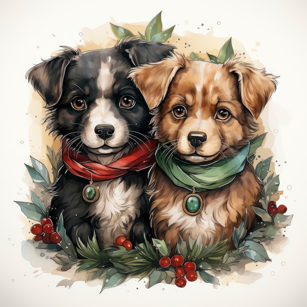 Cachorros e gatinhos bonitos com coroas de Natal