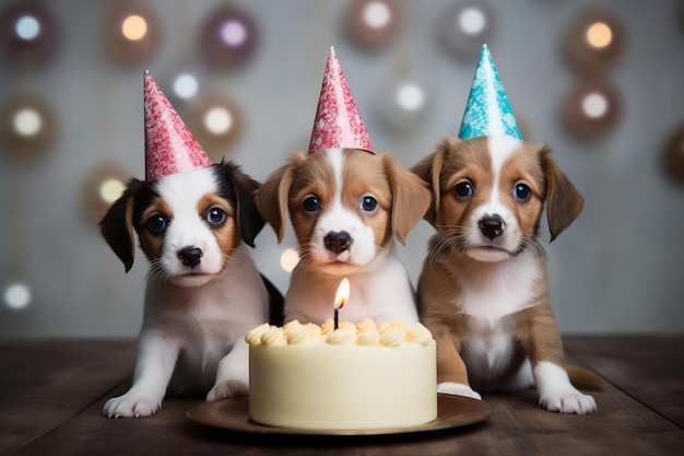 Foto cachorros fofos celebrando ao lado do bolo de aniversário cãozinho cartão de aniversário cães vestindo cones de festa