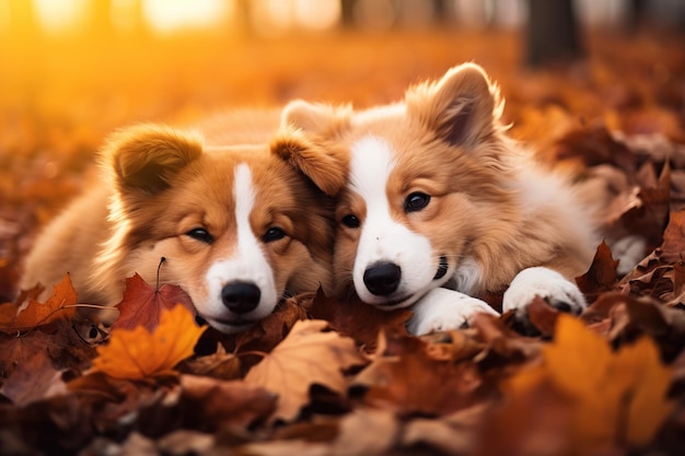 Cachorros fofos em folhas de outono