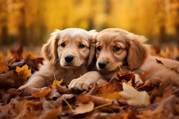 Cachorros fofos em folhas de outono