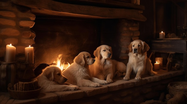 Cachorros de golden retriever descansan sobre un fondo minimalista IA generativa