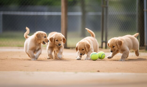 cachorros de golden retriever jugando con la pelota