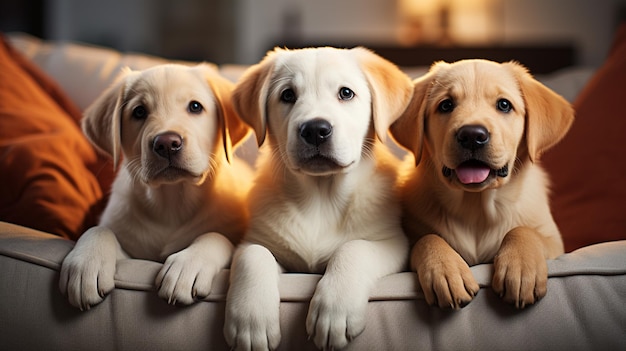 los cachorros de golden retriever en el sofá de la casa de mascotas