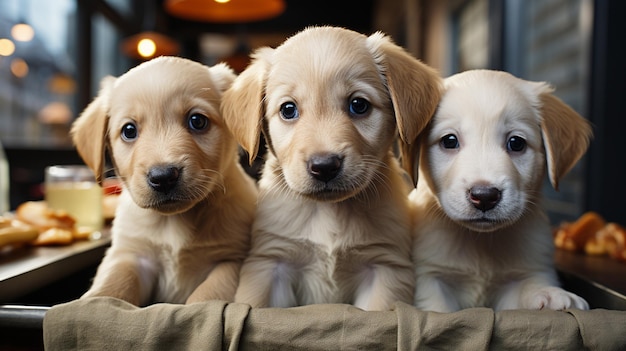 los cachorros de golden retriever en el sofá de la casa de mascotas