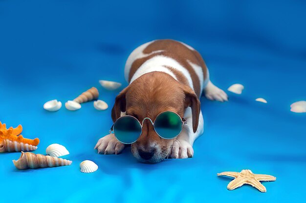 Cachorros Jack Russell sobre fondo azul.