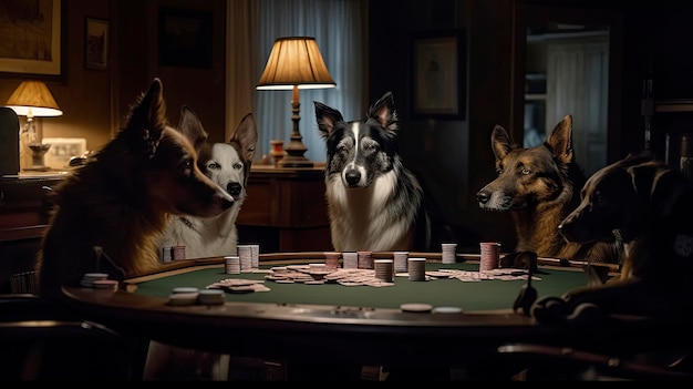 Cachorros jogando pôquer em um cassino com uma lâmpada na mesa
