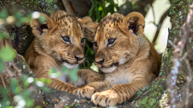 Los cachorros de león afectuosos se esconden en el follaje El retrato íntimo de la vida silvestre El parentesco La naturaleza serena