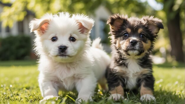 cachorros lindos en un césped con hierba en un día soleado