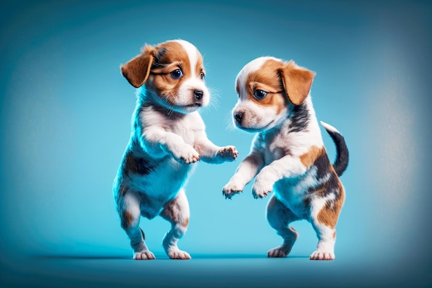 Cachorros lindos juegan y se divierten unos con otros en el ai generativo de fondo azul