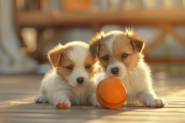 Cachorros lindos jugando con una pelota