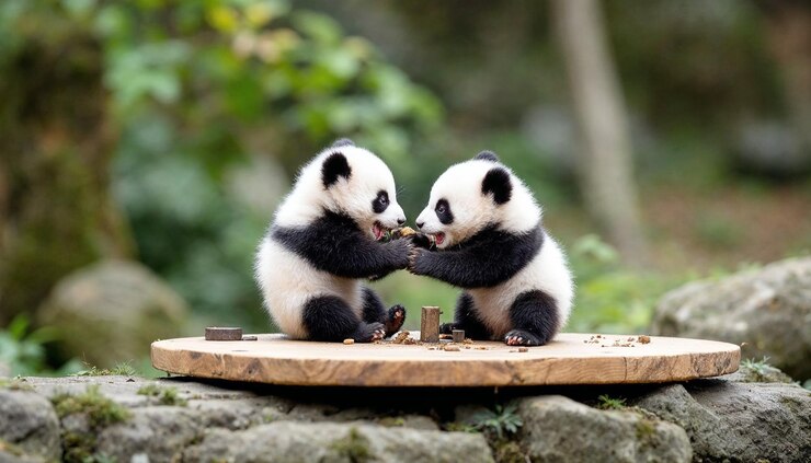 Foto los cachorros de panda están jugando a pelear