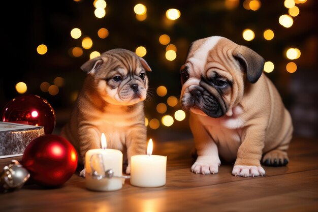 Cachorros de Pug con el telón de fondo de decoraciones navideñas Postal del calendario de Año Nuevo con mascotas