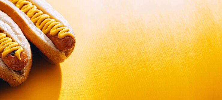 Foto cachorros quentes americanos frescos e deliciosos em um fundo amarelo