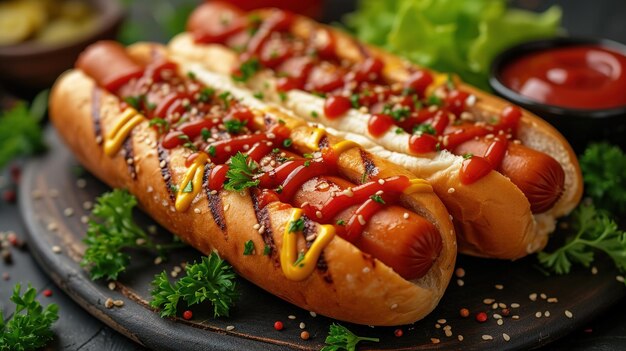 Foto cachorros-quentes com uma salsicha em um rolo fresco adornado com mostarda e ketchup