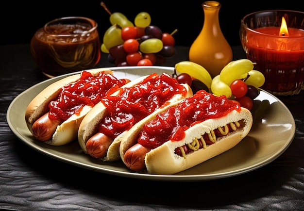 cachorros-quentes de halloween com ketchup e delicias num prato