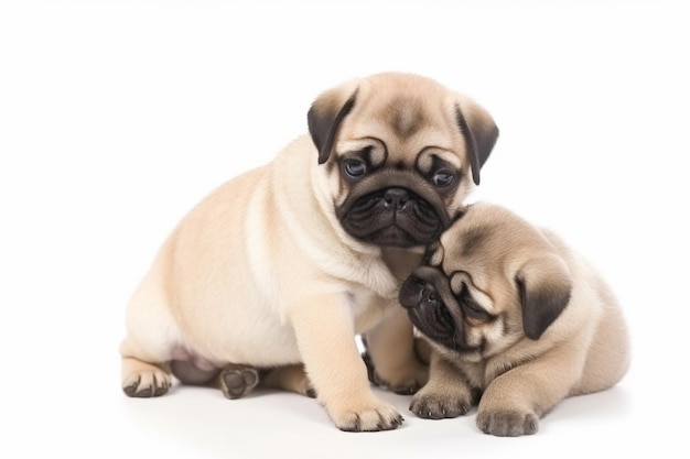 Cachorros Retriever y pug jugando juntos aislados en blanco