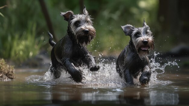 Cachorros schnauzer felices chapoteando en un río IA generativa