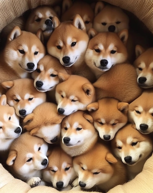 Foto cachorros shiba inu en una canasta