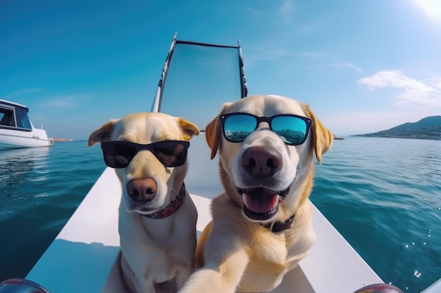 Cachorros usando óculos escuros estão tirando selfies em férias engraçadas em um iate