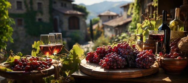 cachos de uvas e taças de vinho em um fundo desfocado IA generativa