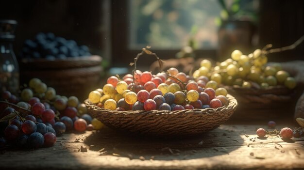 Cachos de uvas na velha mesa de madeira e fundo de outono colorido desfocado Variedade de uvas maduras coloridas como símbolo da cornucópia de outono ou abundância