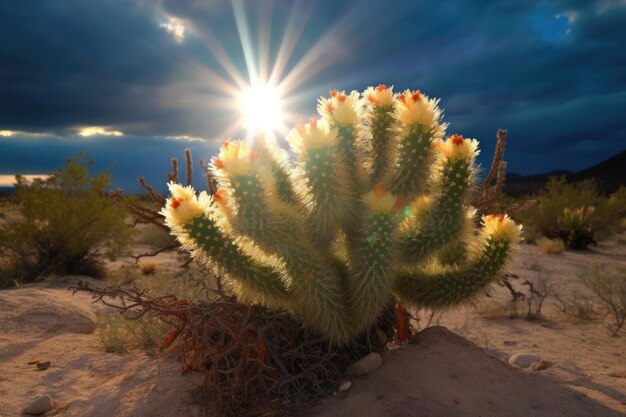 Cacto Cholla com uma auréola solar criando um ambiente místico criado com IA generativa