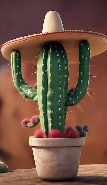 Cacto com um chapéu sombrero mexicano 3D