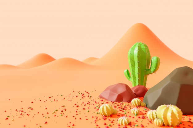 Cacto e rochas no deserto sufocante no país ocidental. paisagem em estilo bonito dos desenhos animados. copie o espaço para o seu artigo à esquerda. rendição da ilustração 3d.