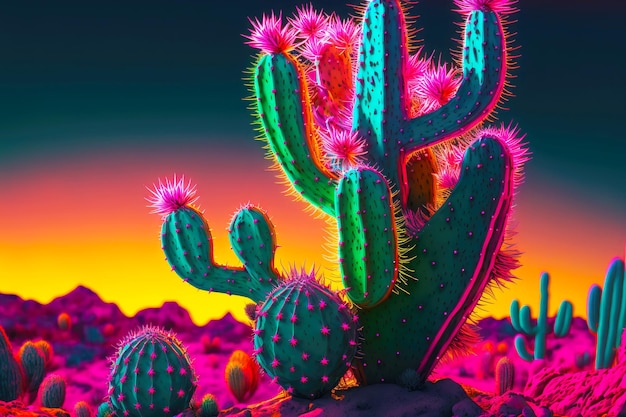 Foto cacto neon brilhante com espinhos contra o pano de fundo do deserto colorido