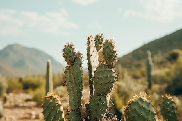 Cactos contra o fundo do deserto e altas rochas e montanhas