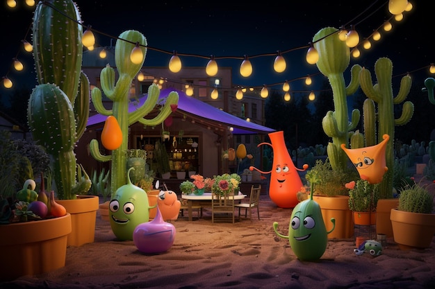 Cactos e legumes animados em uma cena noturna festiva