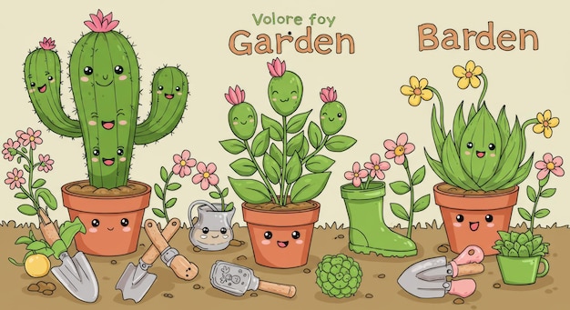 Cactos e plantas de desenho animado adoráveis em uma linda ilustração de jardim