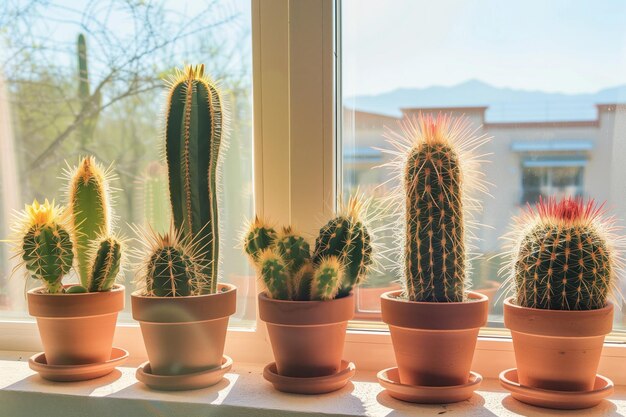 Cactos em vasos de terracota em uma janela ensolarada