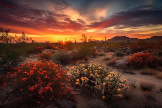 Cactos majestosos e outras floras do deserto contra o dramático céu do pôr-do-sol criado com IA generativa