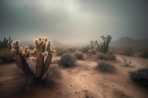 Cactos no deserto cercados por tempestade de areia