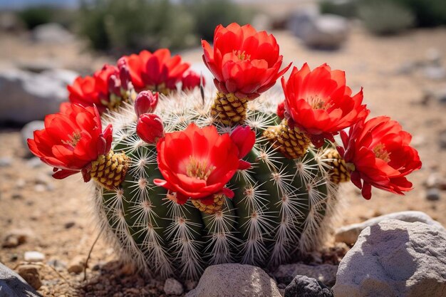 Foto cactus de barril con flores rojas en flor