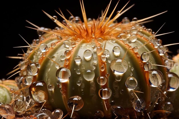 Foto cactus de barril con gotas de lluvia brillantes