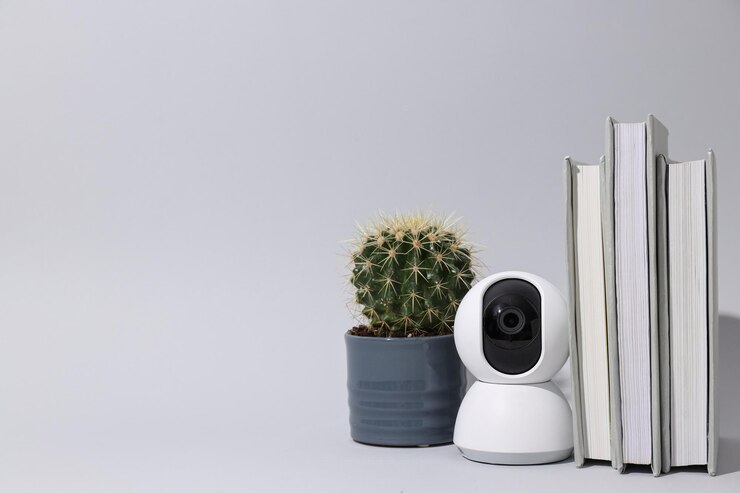 Cactus de cámara de seguridad para el hogar y libros sobre fondo gris, espacio para texto