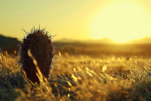 un cactus en un campo con el sol poniéndose detrás de él